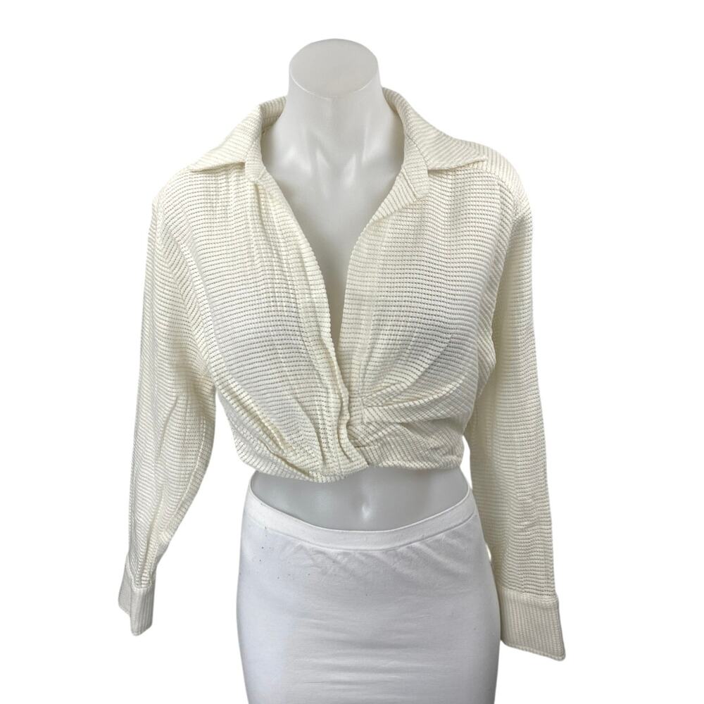 Zara Cream White Waffle Knit Long Sleeve Collared V-neck Crop Shirt Blouse Top S